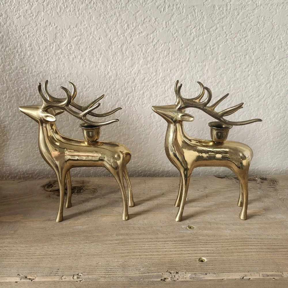Lot of 2 Pottery Barn Brass Reindeer Candle Holders - Heavy Brass